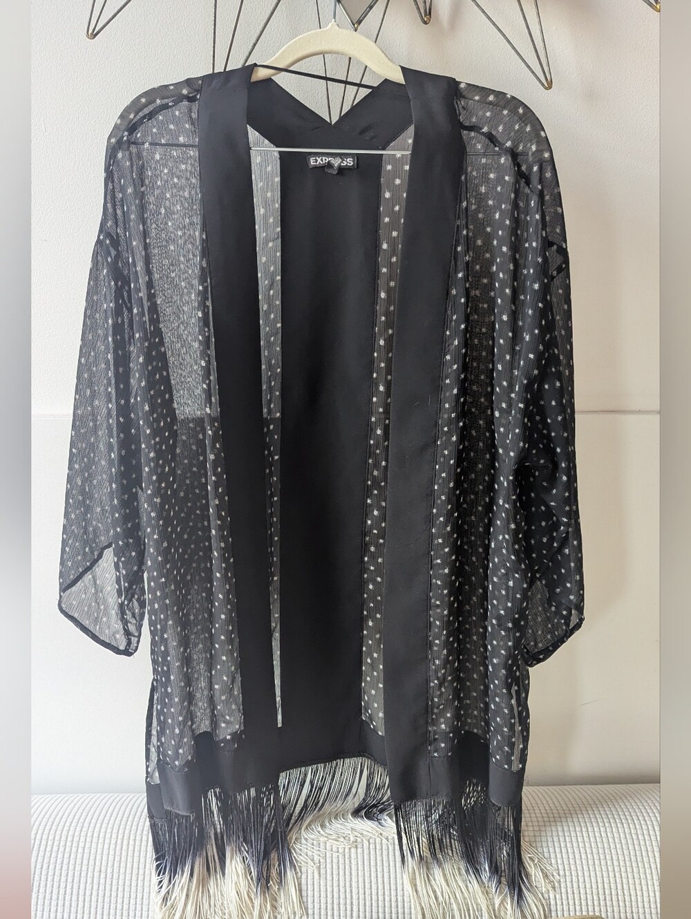 Express Black Sheer Polka Dot Fringe Kimono